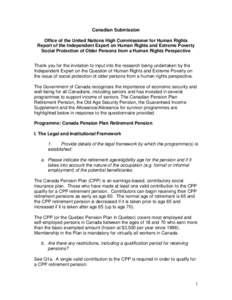 Canadian Submission Office of the United Nations High Commissioner for Human Rights Report of the Independent Expert on Human Rights and Extreme Poverty Social Protection of Older Persons from a Human Rights Perspective 