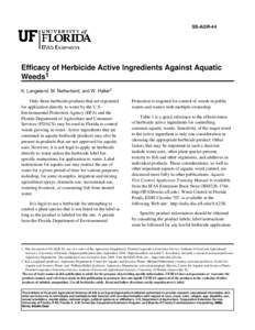 SS-AGR-44  Efficacy of Herbicide Active Ingredients Against Aquatic Weeds1 K. Langeland, M. Netherland, and W. Haller2 Only those herbicide products that are registered