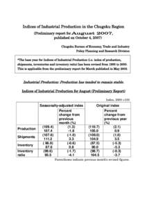 Indices of Industrial Production in the Chugoku Region (Preliminary report for August 2007, published on October 4, 2007) Chugoku Bureau of Economy, Trade and Industry Policy Planning and Research Division *The base year