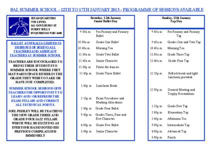 BAL SUMMER SCHOOL - 12TH TO 17TH JANUARY[removed]PROGRAMME OF SESSIONS AVAILABLE HEADQUARTERS 7TH LEVEL