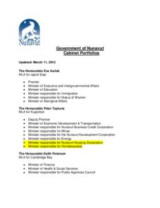 Government of Nunavut Cabinet Portfolios Updated: March 11, 2012 The Honourable Eva Aariak MLA for Iqaluit East Premier