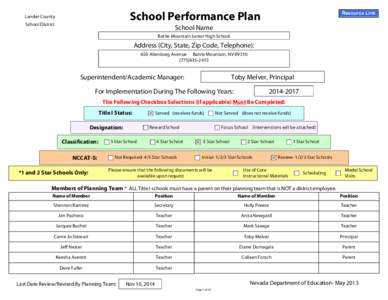 School Performance Plan  Lander County School District  Resource Link