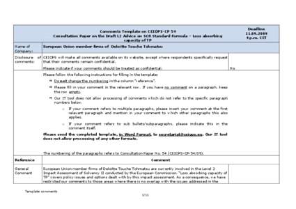 Deadline[removed]p.m. CET Comments Template on CEIOPS-CP 54 Consultation Paper on the Draft L2 Advice on SCR Standard Formula – Loss absorbing