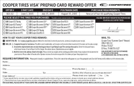 COOPER TIRES VISA® PREPAID CARD REWARD OFFER OFFER # START DATE June 1, 2015