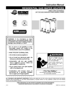 Instruction Manual  RESIDENTIAL GAS WATER HEATERS DIRECT VENT GAS MODELS NOT FOR USE IN MANUFACTURED (MOBILE) HOMES