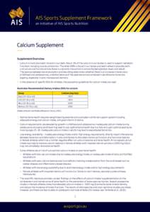 AIS Sports Supplement Framework an initiative of AIS Sports Nutrition Calcium Supplement Supplement Overview >> Calcium is most abundant mineral in our diets. About 1% of the calcium in our bodies is used to support meta