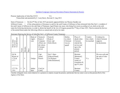 Southern Campaign American Revolution Pension Statements & Rosters Pension Application of John Day S3252 VA Transcribed and annotated by C. Leon Harris. Revised 21 Aug[removed]State of Tennessee } On this 9th Day of July 1