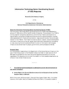 Information Technology Sector Coordinating Council (IT SCC) Response March 28, 2013 Notice of Inquiry of the U.S. Department of Commerce, National Telecommunications & Information Administration