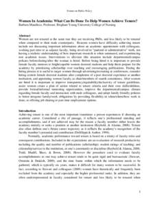 Forum on Public Policy  Women In Academia: What Can Be Done To Help Women Achieve Tenure? Barbara Mandleco, Professor, Brigham Young University College of Nursing  Abstract