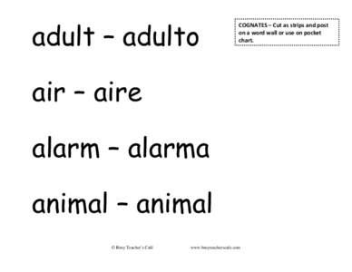 adult – adulto  COGNATES – Cut as strips and post  on a word wall or use on pocket  chart.