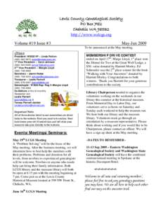 Lewis County Genealogical Society PO Box 782 Chehalis WAhttp://www.walcgs.org  Volume #19 Issue #3