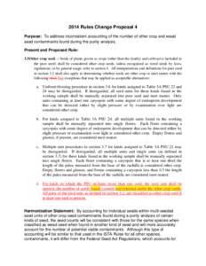 2014 Rules Change Proposal 4 Purpose: To address inconsistent accounting of the number of other crop and weed seed contaminants found during the purity analysis. Present and Proposed Rule: 3.3 Other crop seed. – Seeds 