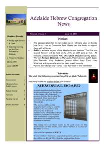 Adelaide Hebrew Congregation News Volume 6 Issue 3 Shabbat Details Friday night service