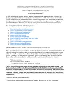 INTERNATIONAL SOCIETY FOR HEART AND LUNG TRANSPLANTATION SCIENTIFIC COUNCIL ORGANIZATIONAL STRUCTURE APPROVED DECEMBER 2014 In order to enhance the Board of Directors’ ability to manage the affairs of the Society, the 