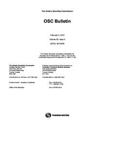 The Ontario Securities Commission  OSC Bulletin February 5, 2015 Volume 38, Issue[removed]), 38 OSCB