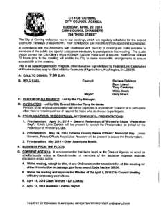 CITY OF CORNING CITY COUNCIL AGENDA TUESDAY, APRIL 22, 2014 CITY COUNCIL CHAMBERS 794 THIRD STREET