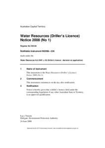 Australian Capital Territory  Water Resources (Driller’s Licence) Notice[removed]No 1) Register No E50-08