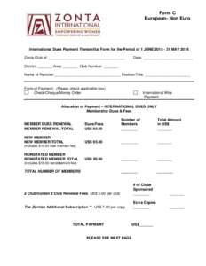 Form C European- Non Euro International Dues Payment Transmittal Form for the Period of 1 JUNE[removed]MAY 2016 Zonta Club of: _____________________________________