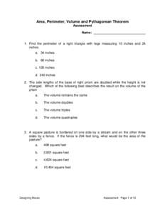 Area, Perimeter, Volume and Pythagorean Theorem Assessment Name: _____________________________ 1. Find the perimeter of a right triangle with legs measuring 10 inches and 24 inches