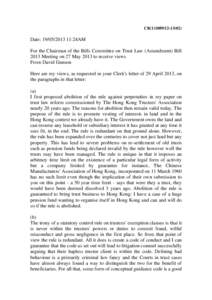 CB[removed])  Date: [removed]:24AM For the Chairman of the Bills Committee on Trust Law (Amendment) Bill 2013 Meeting on 27 May 2013 to receive views From David Gunson