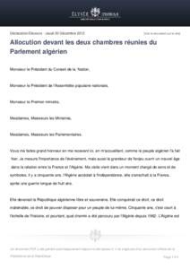 Déclaration/Discours - Jeudi 20 Décembre[removed]Voir le document sur le site] Allocution devant les deux chambres réunies du Parlement algérien