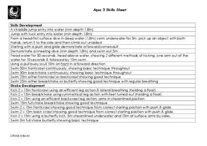 Aqua 3 Skills Sheet  Skills Development A straddle jump entry into water (min depth 1.8m) Jump with tuck entry into water (min depth 1.8m) From a head-first surface dive in deep water (1.8m) swim underwater for 5m, pick 