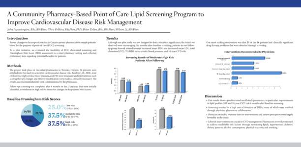 A Community Pharmacy-Based Point of Care Lipid Screening Program to Improve Cardiovascular Disease Risk Management John Papastergiou, BSc, BScPhm; Chris Folkins, BScPhm, PhD; Peter Tolios, BSc, BScPhm; Wilson Li, BScPhm 
