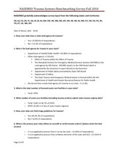 NASEMSO Trauma Systems Benchmarking Survey-Fall 2010 NASEMSO gratefully acknowledges survey input from the following states and territories: AR, AZ, CO, DE, FL, GA, HI, ID, KS, MD, ME, MI, MN, MS, MT, ND, NE, NH, NJ, NM,