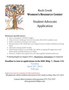 Rock Creek Women’s Resource Center Student Advocate Application Minimum Qualifications: