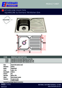 PRODUCT SHEET KITCHEN SINK COLLECTION SQUARELINE by Everhard 780 Kitchen Sink ø9