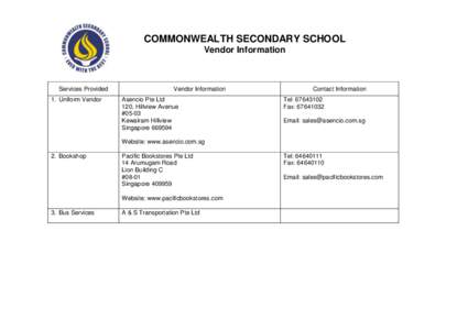 COMMONWEALTH SECONDARY SCHOOL Vendor Information Services Provided 1. Uniform Vendor