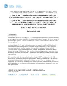 COMMENTS OF THE CANADIAN ELECTRICITY ASSOCIATION CARBON POLLUTION EMISSION GUIDELINES FOR EXISTING STATIONARY SOURCES: ELECTRIC UTILITY GENERATING UNITS CARBON POLLUTION EMISSION GUIDELINES FOR EXISTING STATIONARY SOURCE