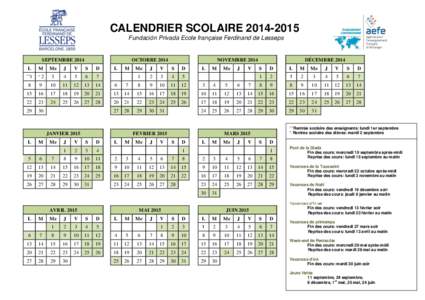 CALENDRIER SCOLAIRE[removed]Fundación Privada Ecole française Ferdinand de Lesseps SEPTEMBRE[removed]OCTOBRE 2014