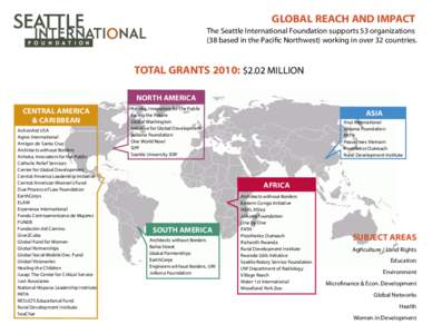 Global Reach and Impact The Seattle International Foundation supports 53 organizations (38 based in the Pacific Northwest) working in over 32 countries. TOTAL GRANTS 2010: $2.02 Million NORTH AMERICA