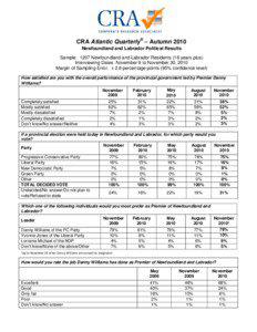 CRA Atlantic Quarterly® – Autumn 2010 Newfoundland and Labrador Political Results Sample: 1207 Newfoundland and Labrador Residents (18 years plus)