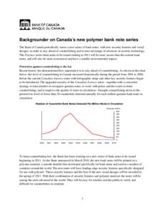 Backgrounder on Canada’s new polymer bank note series The Bank of Canada periodically issues a new series of bank notes, with new security features and visual designs, in order to stay ahead of counterfeiting and to ta