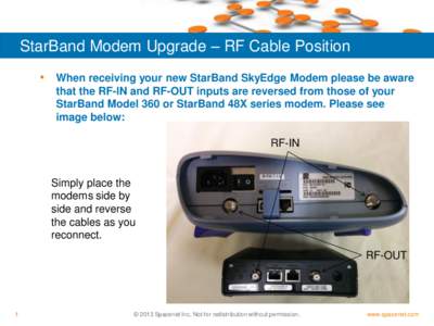 StarBand Modem Upgrade – RF Cable Position • When receiving your new StarBand SkyEdge Modem please be aware that the RF-IN and RF-OUT inputs are reversed from those of your StarBand Model 360 or StarBand 48X series m