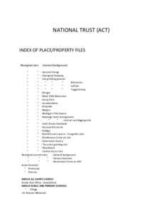NATIONAL TRUST (ACT) INDEX OF PLACE/PROPERTY FILES Aboriginal sites - General Background '' '' - General listings ''