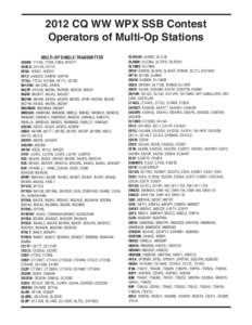 2012 CQ WW WPX SSB Contest Operators of Multi-Op Stations MULTI-OP SINGLE-TRANSMITTER 3V8BB: YT1AD, YT3M, Z3ØA, KF5EYY 4GØLD: DU1XX, DV1YL 5D5A: IK2QEI, IK2SGC