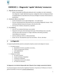 EXERCICE 1 – Diagnostic ‘rapide’ déchets/ ressources 1. Objectifs de cet exercice? • Mieux comprendre les différentes éléments clés à considérer lors de la réalisation d’un diagnostic ‘rapide’ déch