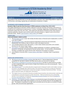 Governor’s STEM Academy Brief Office of Career and Technical Education Services VOLUME 15 SEPTEMBER 21, 2012