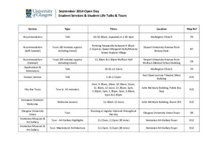 September 2014 Open Day Student Services & Student Life Talks & Tours Service  Type