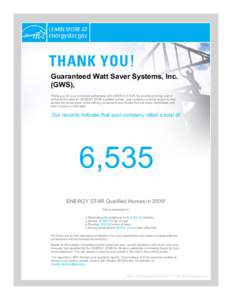 Guaranteed Watt Saver Systems, Inc. (GWS), Thank you for your continued partnership with ENERGY STAR. By providing ratings and or acting as Provider for ENERGY STAR qualified homes, your company is doing its part to help