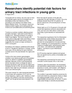 Researchers identify potential risk factors for urinary tract infections in young girls