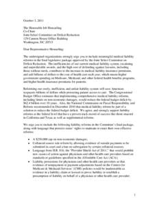 Medical Liability Reform and Deficit Reduction Sign-on Letter - October 3, 2011