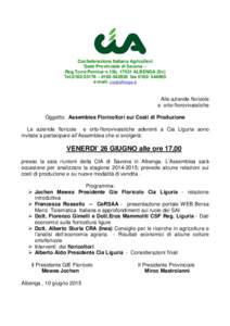 Confederazione Italiana Agricoltori Sede Provinciale di Savona – Reg.Torre Pernice n.15b, 17031 ALBENGA (Sv) Tel – faxe-mail: 