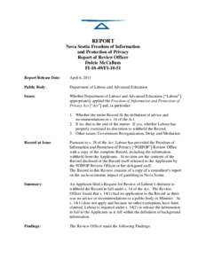 REPORT Nova Scotia Freedom of Information and Protection of Privacy Report of Review Officer Dulcie McCallum FI[removed]FI-10-51