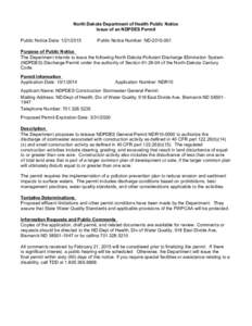 North Dakota Department of Health Public Notice Issue of an NDPDES Permit Public Notice Date: [removed]Public Notice Number: ND[removed]