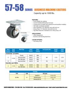 SERIES BUSINESS MACHINE CASTERS Capacity up to 1000 lbs. FEATURES: •	 Finish: Bright zinc plating