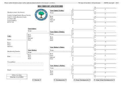 Please submit this form if you wish to add your family details to the Society’s archives.  We hope all members will participate. RECORD OF ANCESTORS Your Father’s Father: